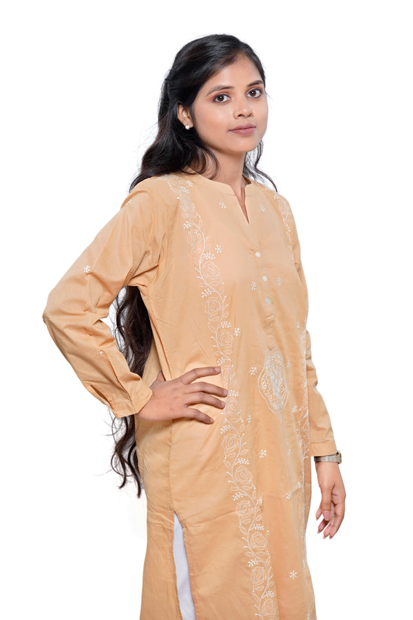 camel mulmul cotton kurta with intricate bird motif
