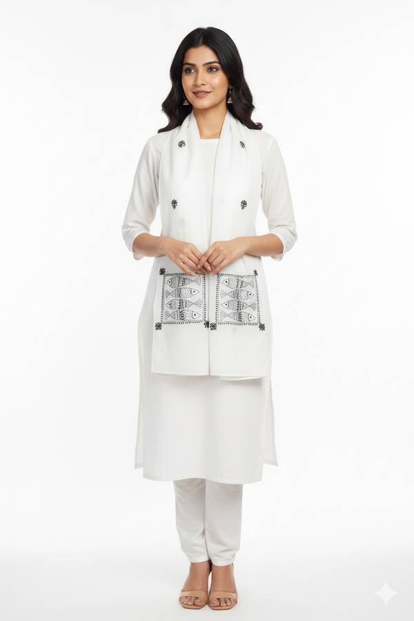 White & Black Fish Motif Stole