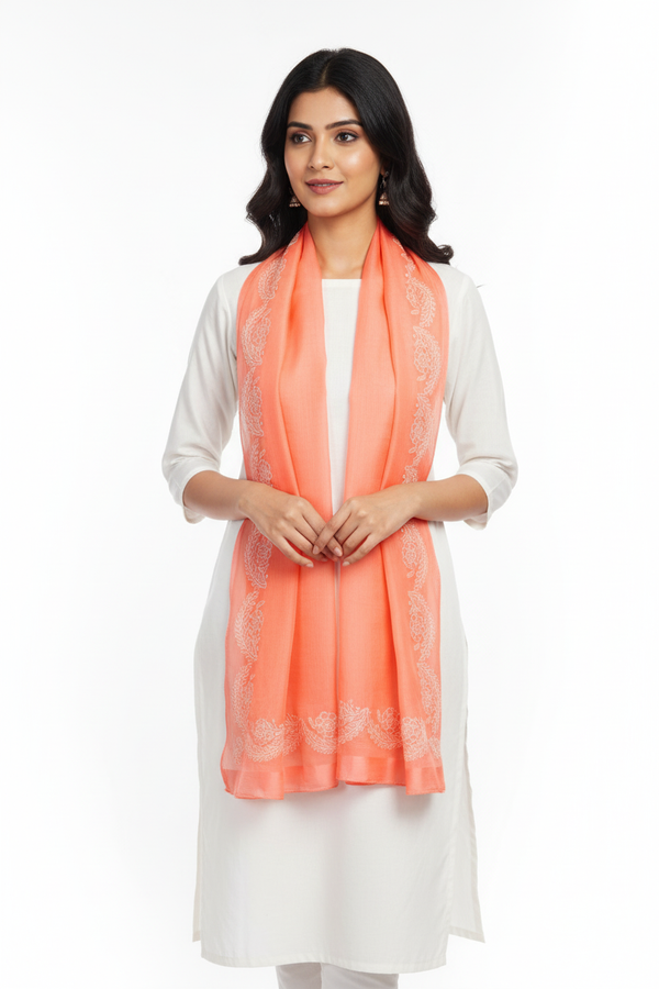 Peach Georgette satin Chikankari Stole