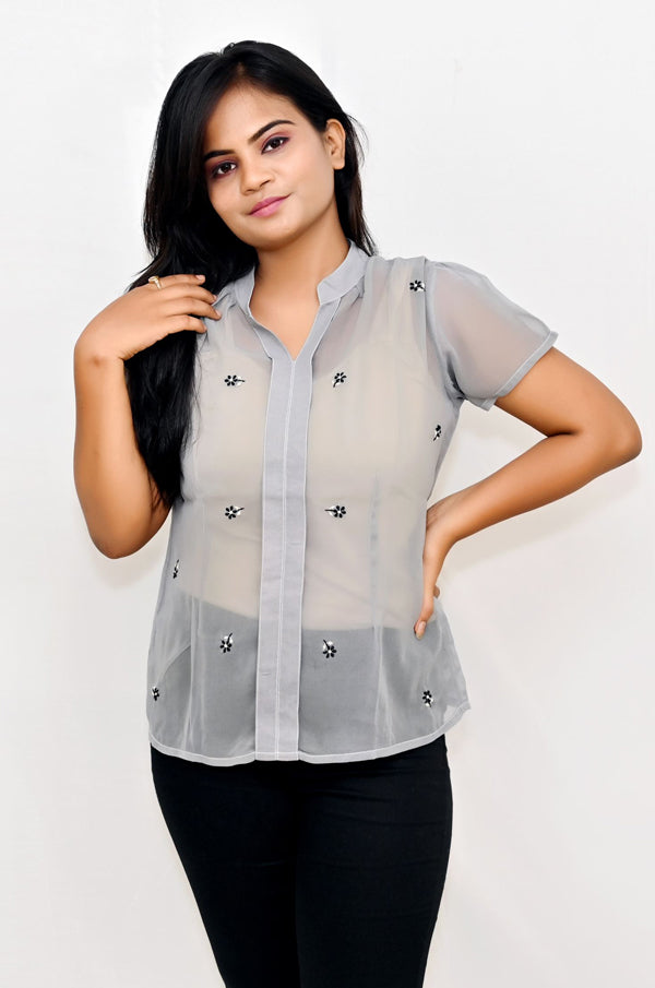 Grey gorgette hand embroidered top with floral butti