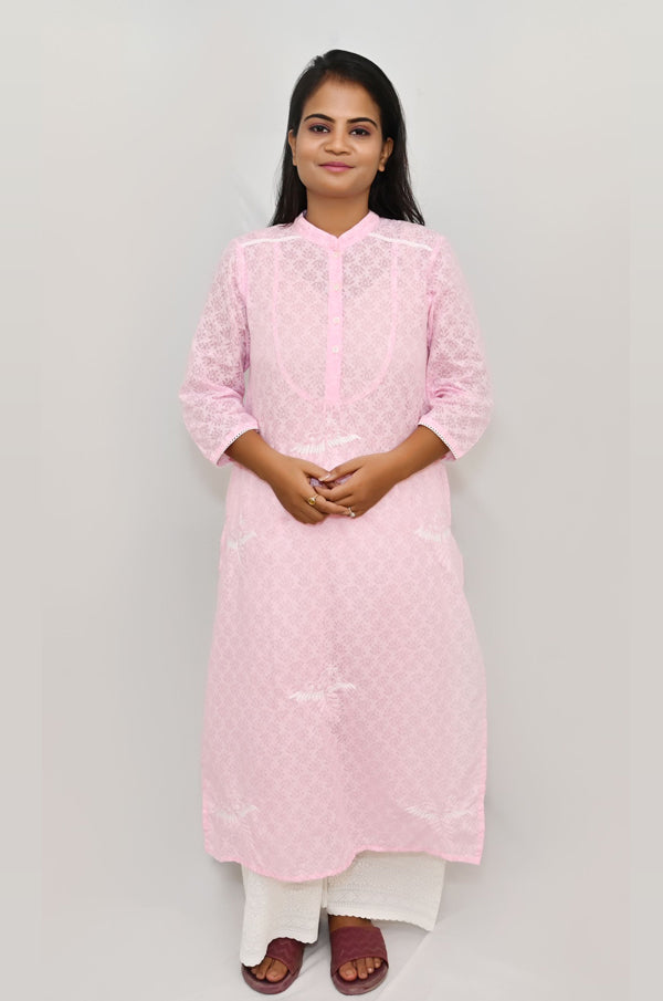 Pink brasso  cotton kurti with chikankari bird motif