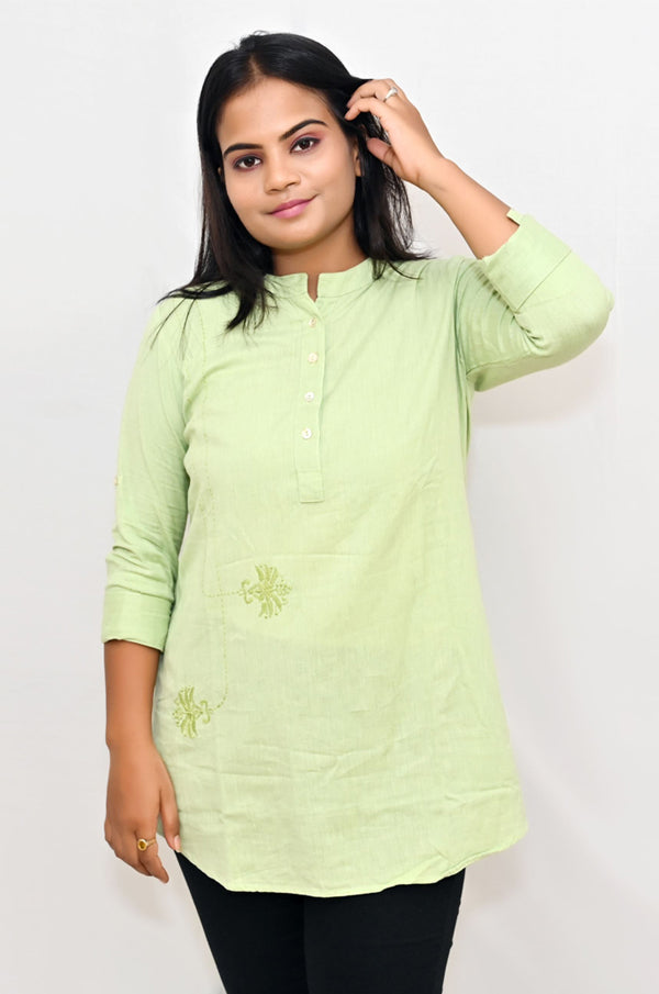 Mint green cotton top with chikankari embroidery