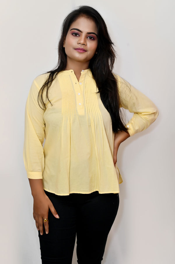 Yellow cotton hand embroidered chikankari top with back motif