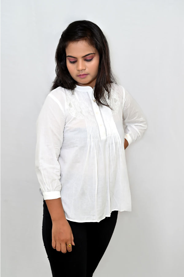 White cotton hand embroidered top with jaali design