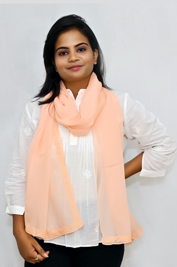 Peach organza stole with chikankari embroidery