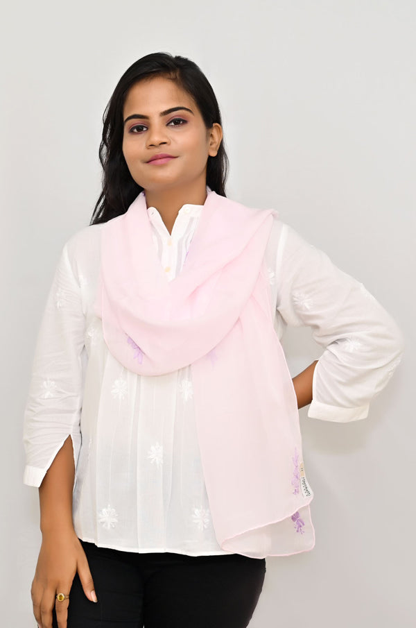 Pink organza stole with chikankari embroidery