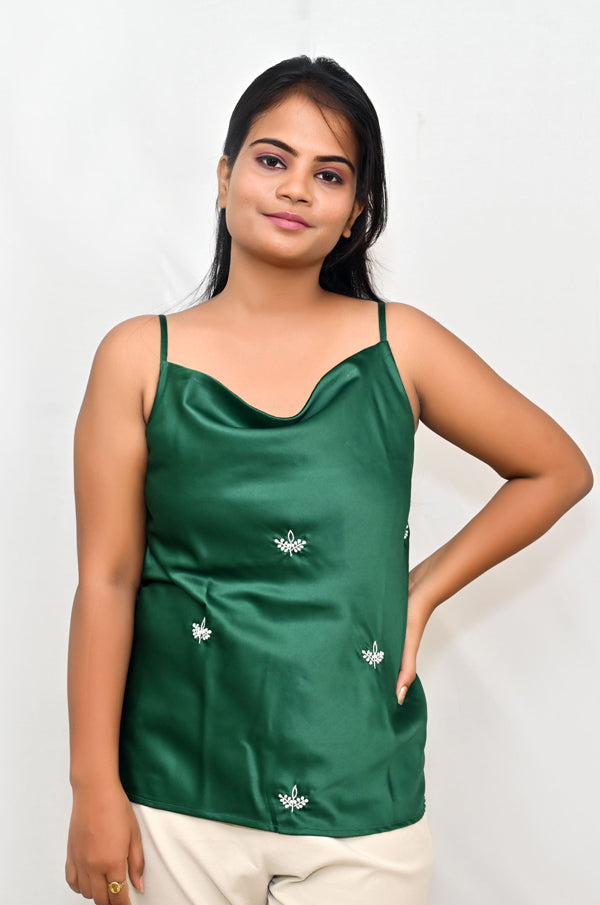 Green satin sphagetti top with chikankari embroidery