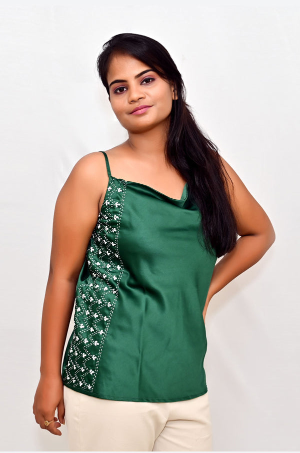 Green satin sphagetti top with chikankari embroidery