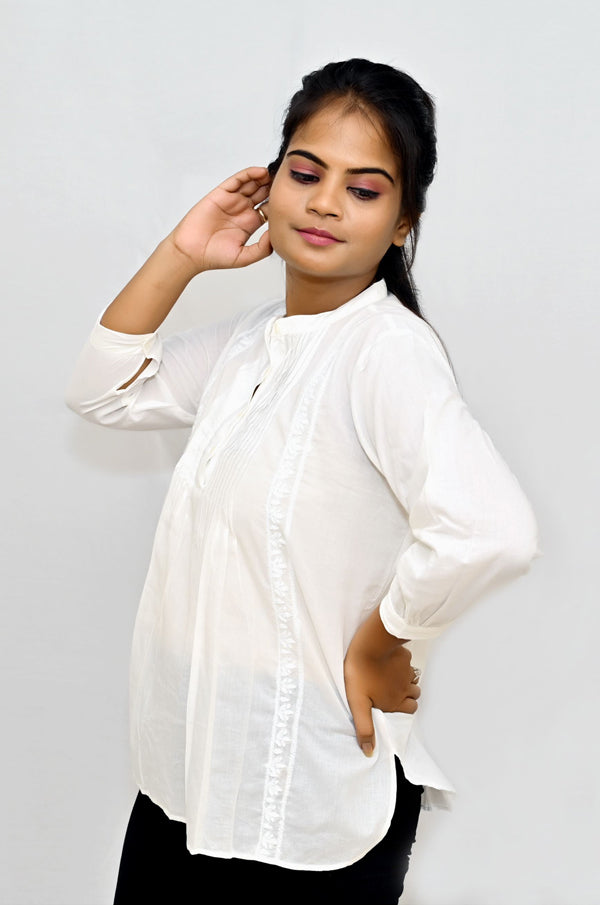 White cotton top with chikankari embroidery